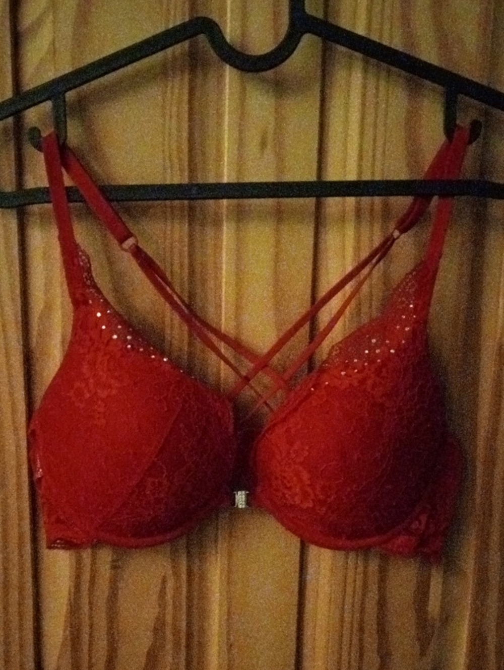La SENZA Red Lace Push-Up Bra with Crisscross Straps and Rhinestones